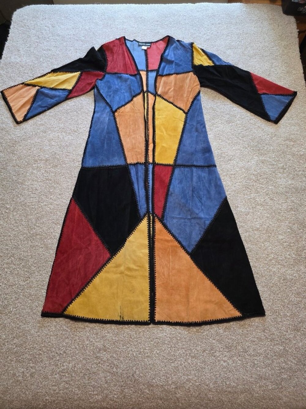 Vintage Adrienne Landau Patchwork Pig Suede Crochet Trim Long Coat Jacket Large